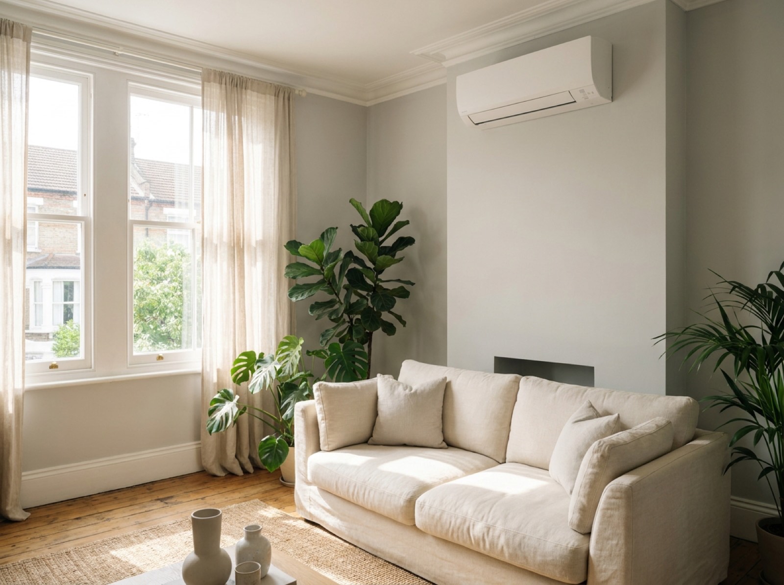 Bright London living room with a slim wall-mounted air conditioning unit